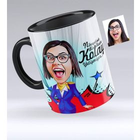 Kişiye Özel Hostes Karikatürlü Siyah 2 Kupa Bardak
