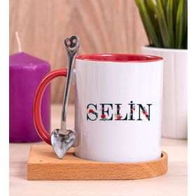 Kişiye Özel İsim Yazılı Ahşap Altlıklı Kırmızı Kupa Bardak
