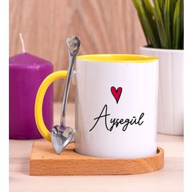 Kişiye Özel İsim Yazılı Ahşap Altlıklı Sarı Kupa Bardak