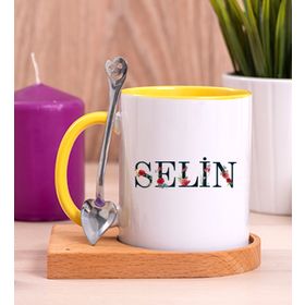 Kişiye Özel İsim Yazılı Ahşap Altlıklı Sarı Kupa Bardak