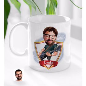 Kişiye Özel İsimli Erkek Gitarist Karikatürlü Beyaz Kupa