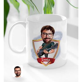 Kişiye Özel İsimli Erkek Gitarist Karikatürlü Beyaz Kupa