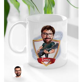 Kişiye Özel İsimli Erkek Gitarist Karikatürlü Beyaz Kupa