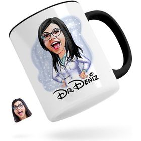 Kişiye Özel Kadın Doktor Karikatürlü Siyah Kupa Bardak