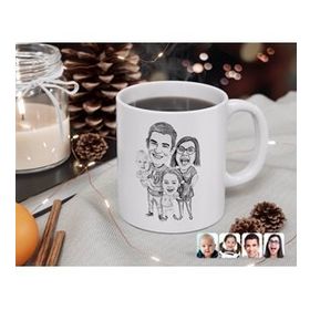Kişiye Özel Karakalem 4 Lü Aile Karikatürlü Beyaz Kupa Bardak