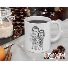 Kişiye Özel Karakalem 4 Lü Aile Karikatürlü Beyaz Kupa Bardak