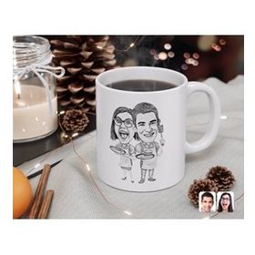 Kişiye Özel Karakalem Aşçı Çift Karikatürlü Beyaz Kupa Bardak