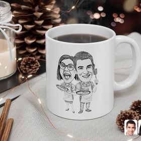 Kişiye Özel Karakalem Aşçı Çift Karikatürlü Beyaz Kupa Bardak