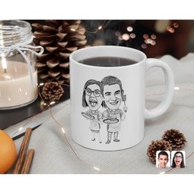 Kişiye Özel Karakalem Aşçı Çift Karikatürlü Beyaz Kupa Bardak