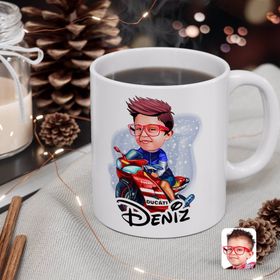 Kişiye Özel Motorcu Çocuk Karikatürlü Beyaz Kupa Bardak