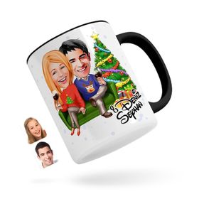 Kişiye Özel Sevgililer Karikatürlü Siyah Kupa Bardak
