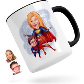 Kişiye Özel Süper Anne Ve Çocuk Karikatürlü Siyah Kupa Bardak