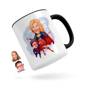Kişiye Özel Süper Anne Ve Çocuk Karikatürlü Siyah Kupa Bardak