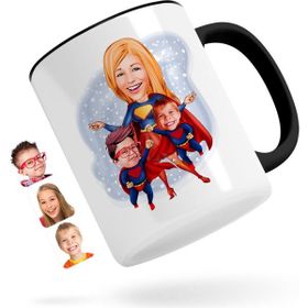 Kişiye Özel Süper Anne Ve Çocuklar Karikatürlü Siyah Kupa Bardak
