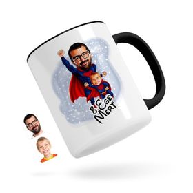 Kişiye Özel Süper Baba Çocuk Karikatürlü Siyah Kupa Bardak