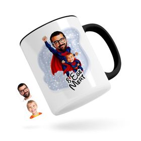 Kişiye Özel Süper Baba Çocuk Karikatürlü Siyah Kupa Bardak