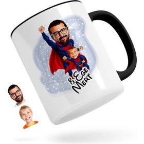 Kişiye Özel Süper Baba Çocuk Karikatürlü Siyah Kupa Bardak