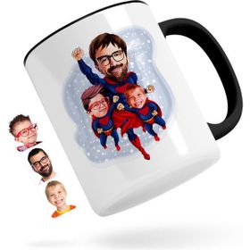 Kişiye Özel Süper Baba Ve 2 Çocuk Karikatürlü Siyah Kupa Bardak