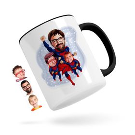 Kişiye Özel Süper Baba Ve 2 Çocuk Karikatürlü Siyah Kupa Bardak