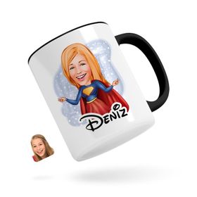 Kişiye Özel Süper Girl Karikatürlü Siyah Kupa Bardak