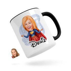 Kişiye Özel Süper Girl Karikatürlü Siyah Kupa Bardak