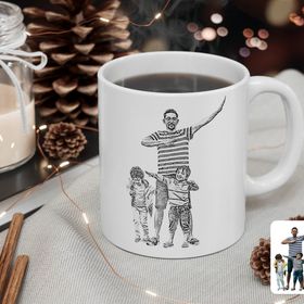 Kişiye Özel Tam Boy Karakalem Baba Ve Oğullar Karikatürlü Beyaz Kupa Bardak