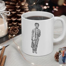 Kişiye Özel Tam Boy Karakalem Erkek Karikatürlü Beyaz Kupa