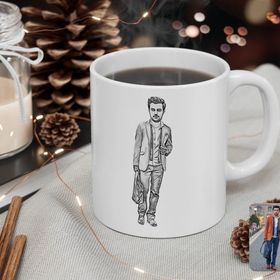 Kişiye Özel Tam Boy Karakalem Erkek Karikatürlü Beyaz Kupa