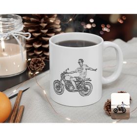 Kişiye Özel Tam Boy Karakalem Motosikletli Adam Karikatürlü Beyaz Kupa Bardak