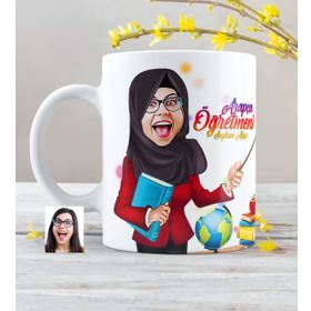 Kişiye Özel Tesettürlü Bayan Öğretmen Karikatürlü Beyaz Kupa Bardak