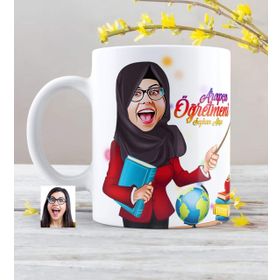 Kişiye Özel Tesettürlü Bayan Öğretmen Karikatürlü Beyaz Kupa Bardak