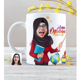 Kişiye Özel Tesettürlü Bayan Öğretmen Karikatürlü Beyaz Kupa Bardak