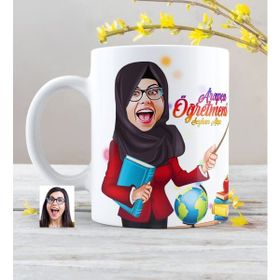 Kişiye Özel Tesettürlü Bayan Öğretmen Karikatürlü Beyaz Kupa Bardak