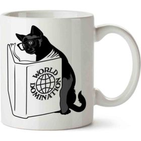 Kitap Okuyan Kedi World Domination Baskılı Kupa