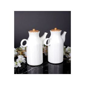 Kitchen Pembelia 2 Adet Bambu Kapaklı Porselen 1000 ml Yağdanlık