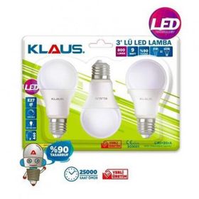 Klaus 3'lü 6500K Beyaz Işık 9W Led Lamba