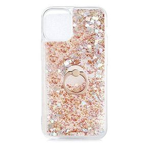 KNY Apple İphone 12 Pro Gold Simli Sıvılı Kalplı Yüzüklü Milce Kılıf