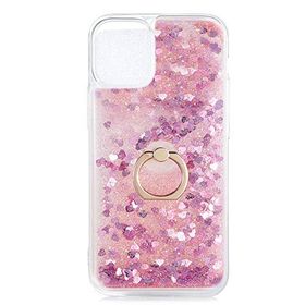 KNY Apple İphone 12 Simli Sıvılı Kalplı Yüzüklü Milce Kapak Pembe Kılıf