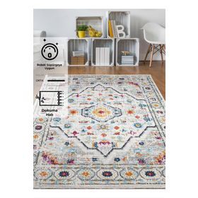 Konfor 7655 Vintage Beyaz Gri Klasik Eskitme Dokuma 80x150 cm Salon Halı