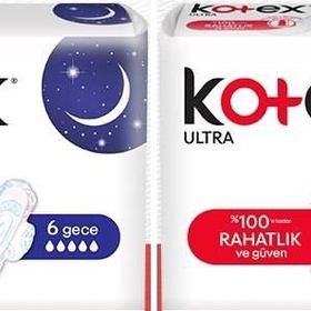 Kotex Ultra Kanatlı Gece Pamuksu Üst Yüzey 6'lı Kadın Pedi