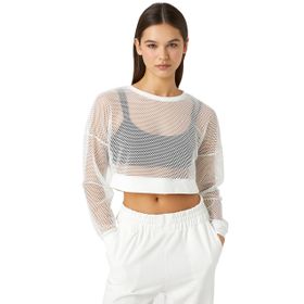 Koton 000 Kadın Beyaz File Crop Spor Uzun Kollu Bisiklet Yaka T-shirt