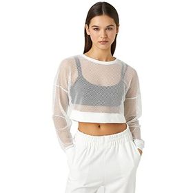 Koton 000 Kadın Beyaz File Crop Spor Uzun Kollu Bisiklet Yaka T-shirt