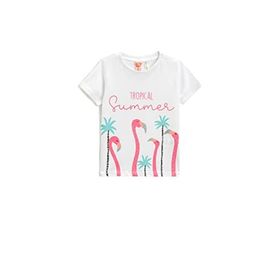 Koton 000 Kız Bebek Simli Beyaz Flamingo Baskılı Kısa Kollu Bisiklet Yaka T-shirt