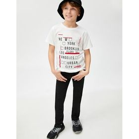 Koton 001 Erkek Çocuk Baskılı Kollu Bisiklet Yaka Pamuklu Kırık Beyaz T-shirt