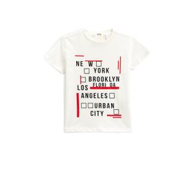 Koton 001 Erkek Çocuk Baskılı Kollu Bisiklet Yaka Pamuklu Kırık Beyaz T-shirt
