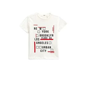 Koton 001 Erkek Çocuk Baskılı Kollu Bisiklet Yaka Pamuklu Kırık Beyaz T-shirt