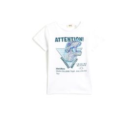 Koton 001 Erkek Çocuk Dinozor Baskılı Kısa Kollu Pamuklu Bisiklet Yaka Kırık Beyaz T-shirt