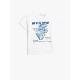 Koton 001 Erkek Çocuk Dinozor Baskılı Kısa Kollu Pamuklu Bisiklet Yaka Kırık Beyaz T-shirt