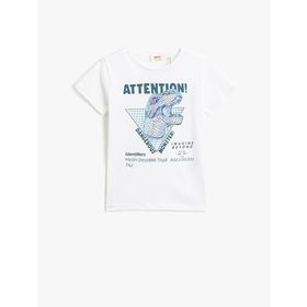 Koton 001 Erkek Çocuk Dinozor Baskılı Kısa Kollu Pamuklu Bisiklet Yaka Kırık Beyaz T-shirt