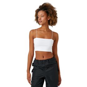 Koton 001 Kadın Kırık Beyaz Basic Crop Atlet İnce Askılı Fitilli T-shirt